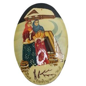 Signed Vintage Russian Lauquer Brooch Hand-Painted Pin Winter Scene Women
